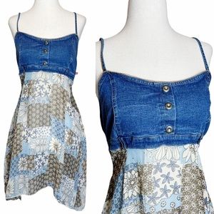 Vintage Y2K Denim Chiffon Floral Patchwork Tunic Tank Top